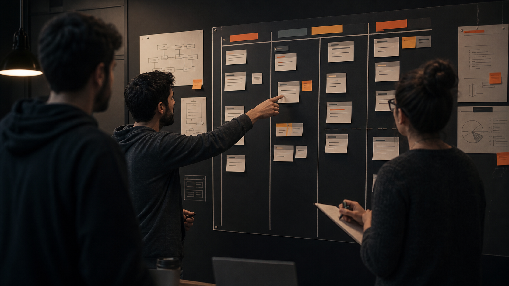 Equipo revisando un tablero Kanban como parte de la metodología de trabajo