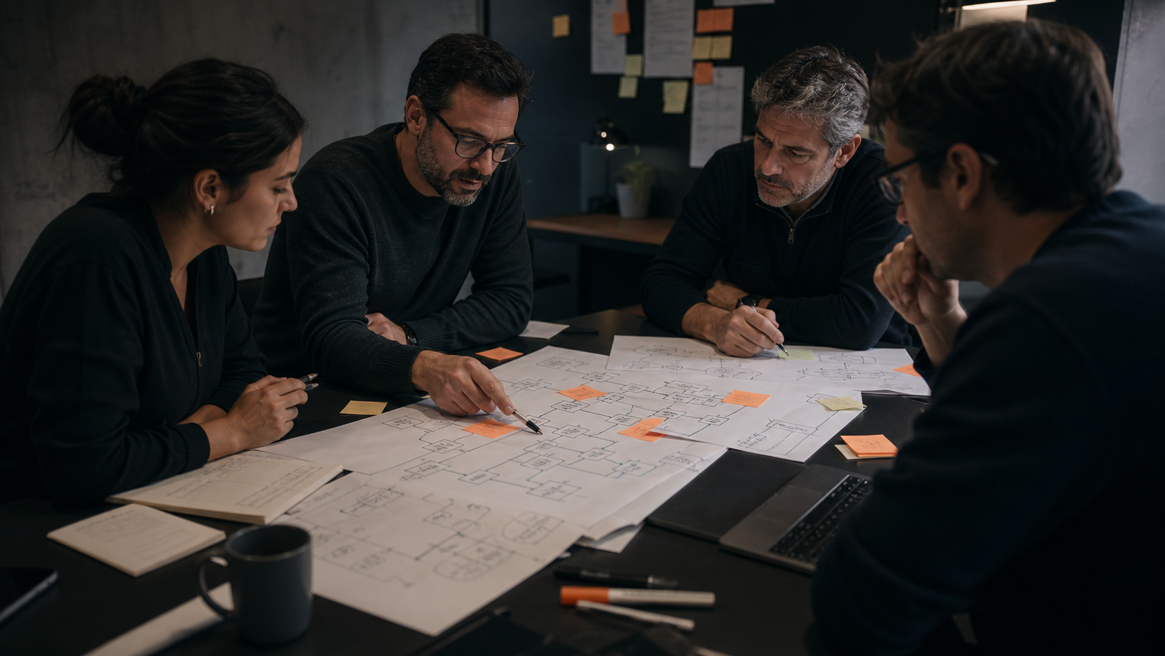 Taller de consultoría con personas revisando mapas de proceso y oportunidades de mejora