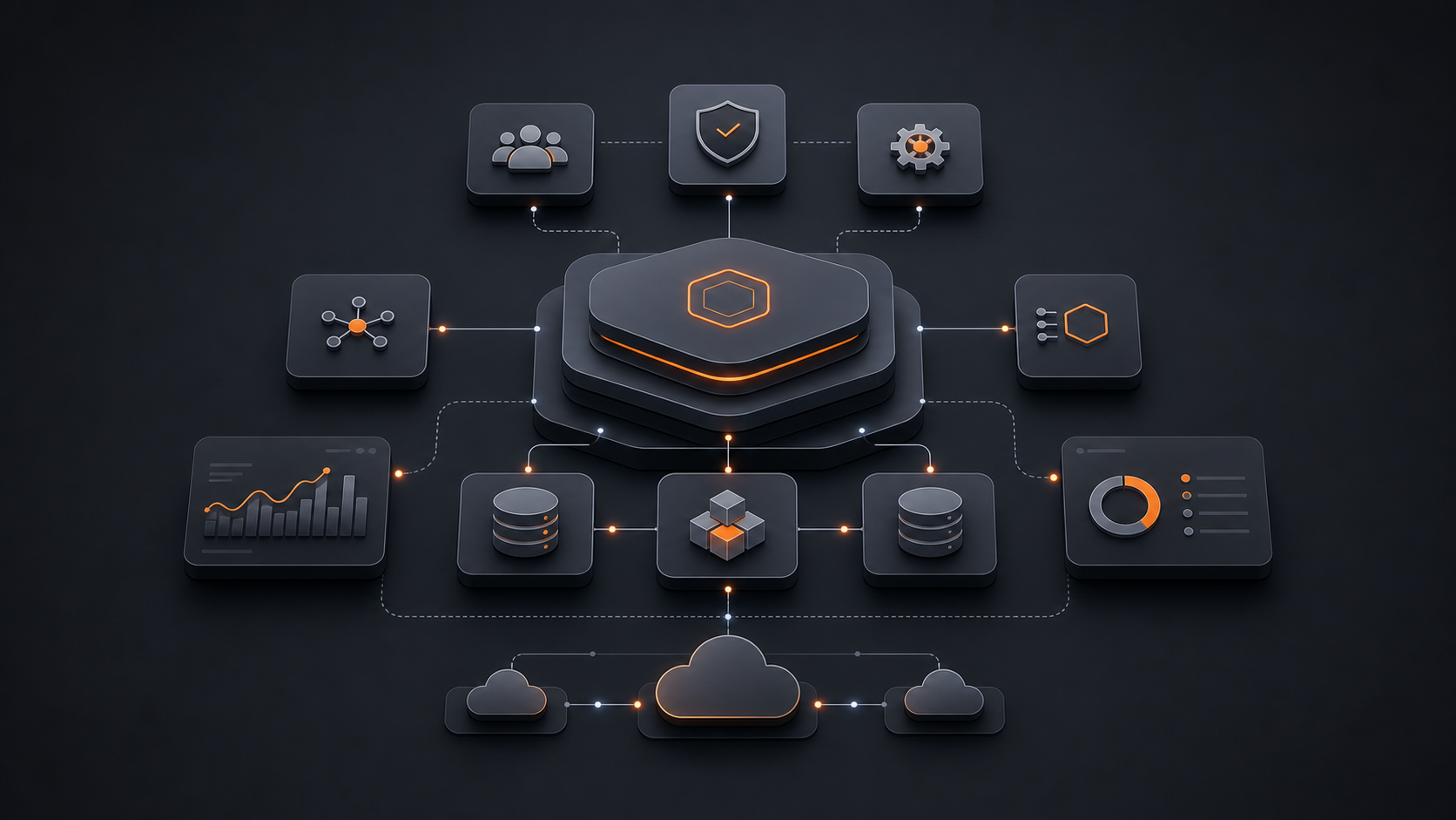 Arquitectura abstracta de una plataforma empresarial conectada a datos, seguridad e infraestructura cloud